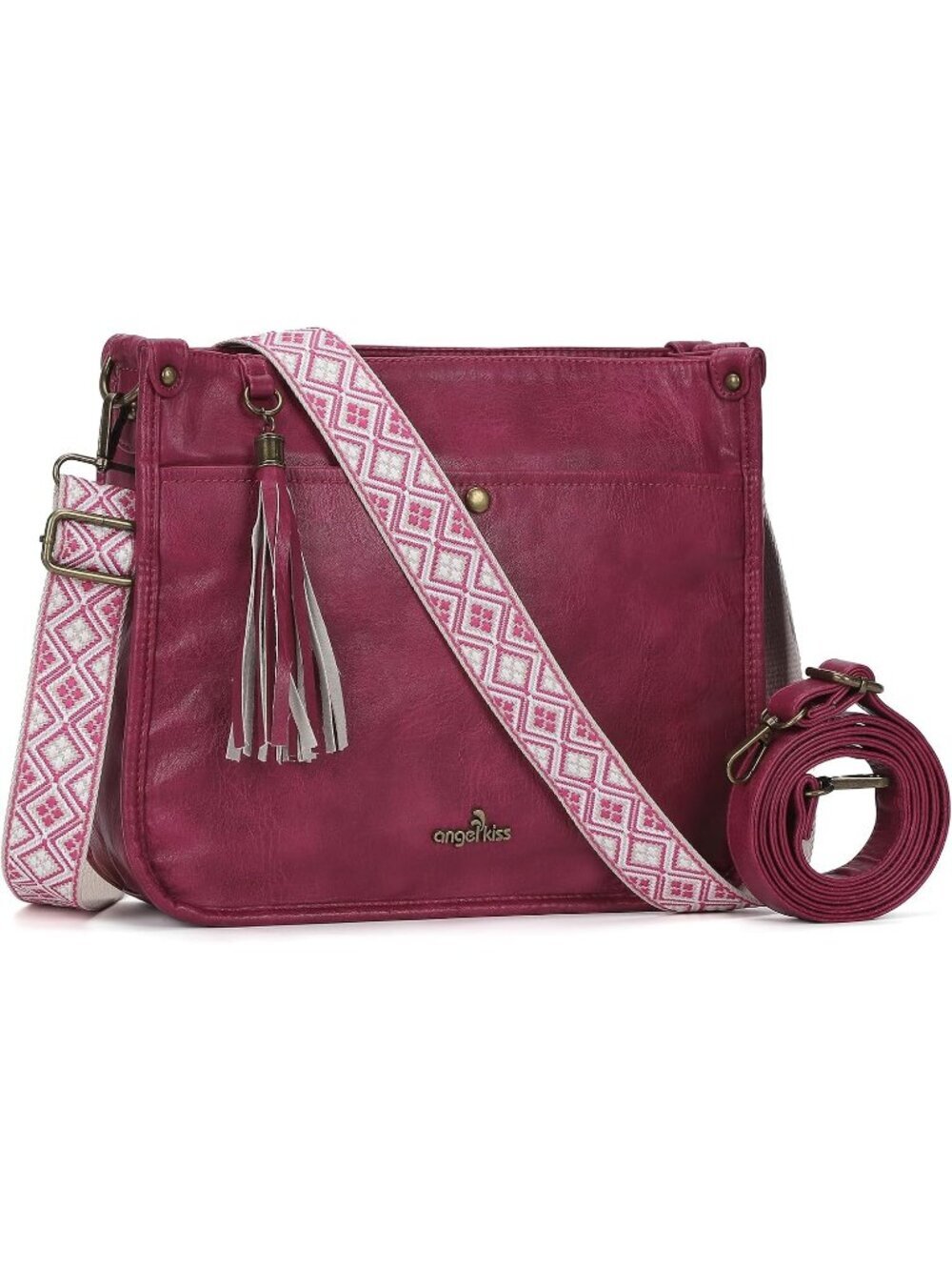 Women's Rose Vegan Leather Crossbody Bags Ladies Tassel Bag with Guitar Strap